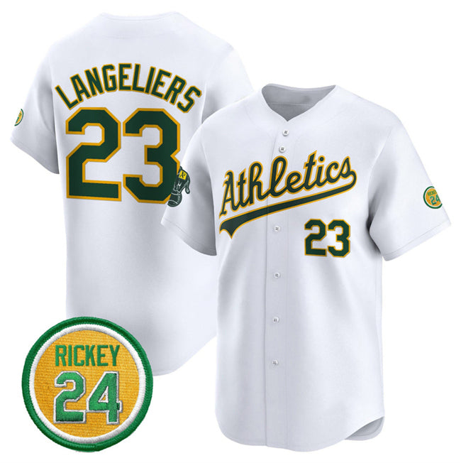 Oakland Athletics #23 Shea Langeliers White MIKSHPS 2024 Home Limited With Rickey Henderson Patch Stitched Jersey