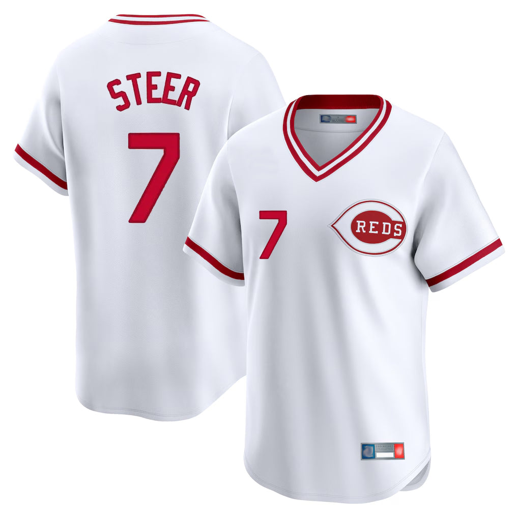Cincinnati Reds #7 Spencer Steer Player White MIKSHPS Cooperstown Collection Limited T-shirt Home Stitched Jerseys