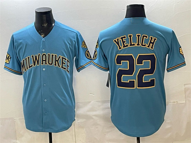 Milwaukee Brewers #22 Christian Yelich Blue MIKSHPS With Home & Bob Uecker Patch Stitched Jersey