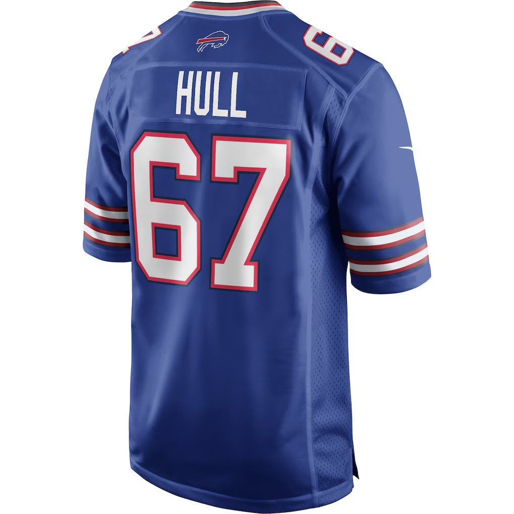 B.Bills #67 Kent Hull Royal MIKSHPS Game Retired Player Jersey