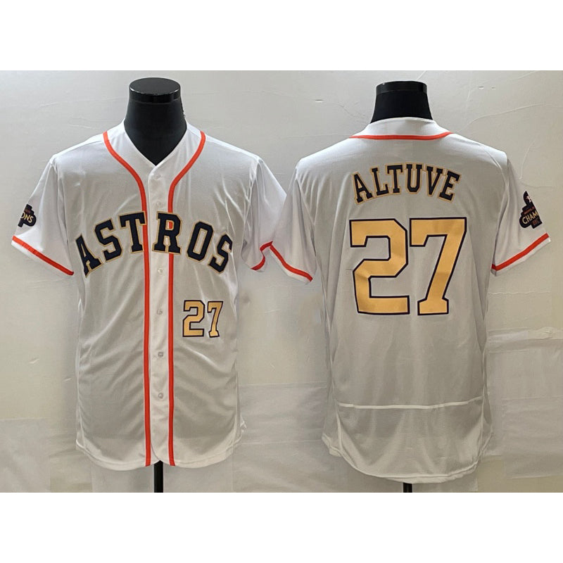 Houston Astros #27 Jose Altuve Number 2023 White MIKSHPS Gold World Serise Champions Patch Flex Base Stitched Jersey 3