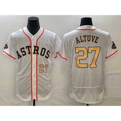 Houston Astros #27 Jose Altuve Number 2023 White MIKSHPS Gold World Serise Champions Patch Flex Base Stitched Jersey 3