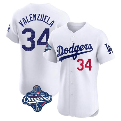 Los Angeles Dodgers #34 Fernando Valenzuela Player White MIKSHPS World Series Meet Limited Elite Home Stitched Jerseys