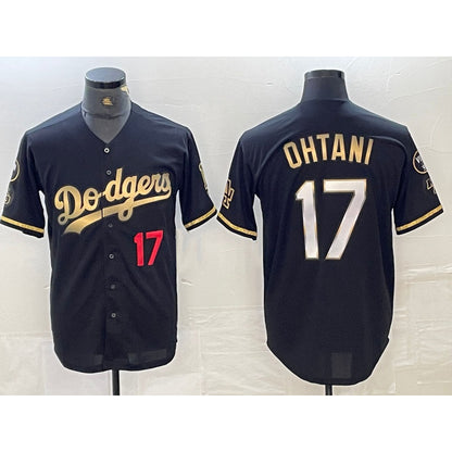 Los Angeles Dodgers #17 Shohei Ohtani Number Black Gold MIKSHPS Stitched Cool Base Jersey 3