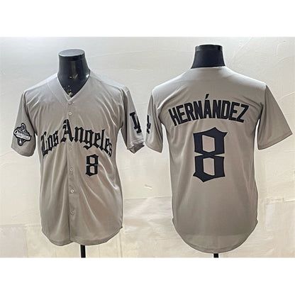 Los Angeles Dodgers #8 Enrique Hernandez Grey MIKSHPS LA Gothic Style With 2025 World Series Champions Patch Limited Stitched Jersey