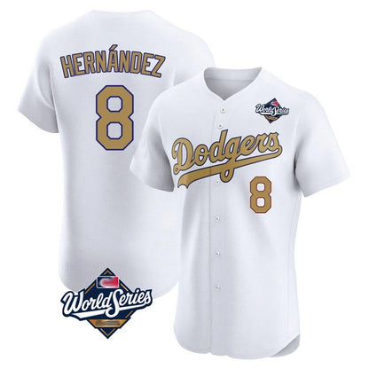 Los Angeles Dodgers #8 Enrique Hern¨¢ndez Player White Gold MIKSHPS World Series Limited Elite Home Stitched Jerseys