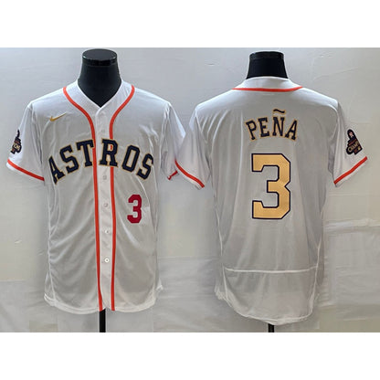 Houston Astros #3 Jeremy Pena Number 2023 White Gold MIKSHPS World Serise Champions Patch Flex Base Stitched Jersey