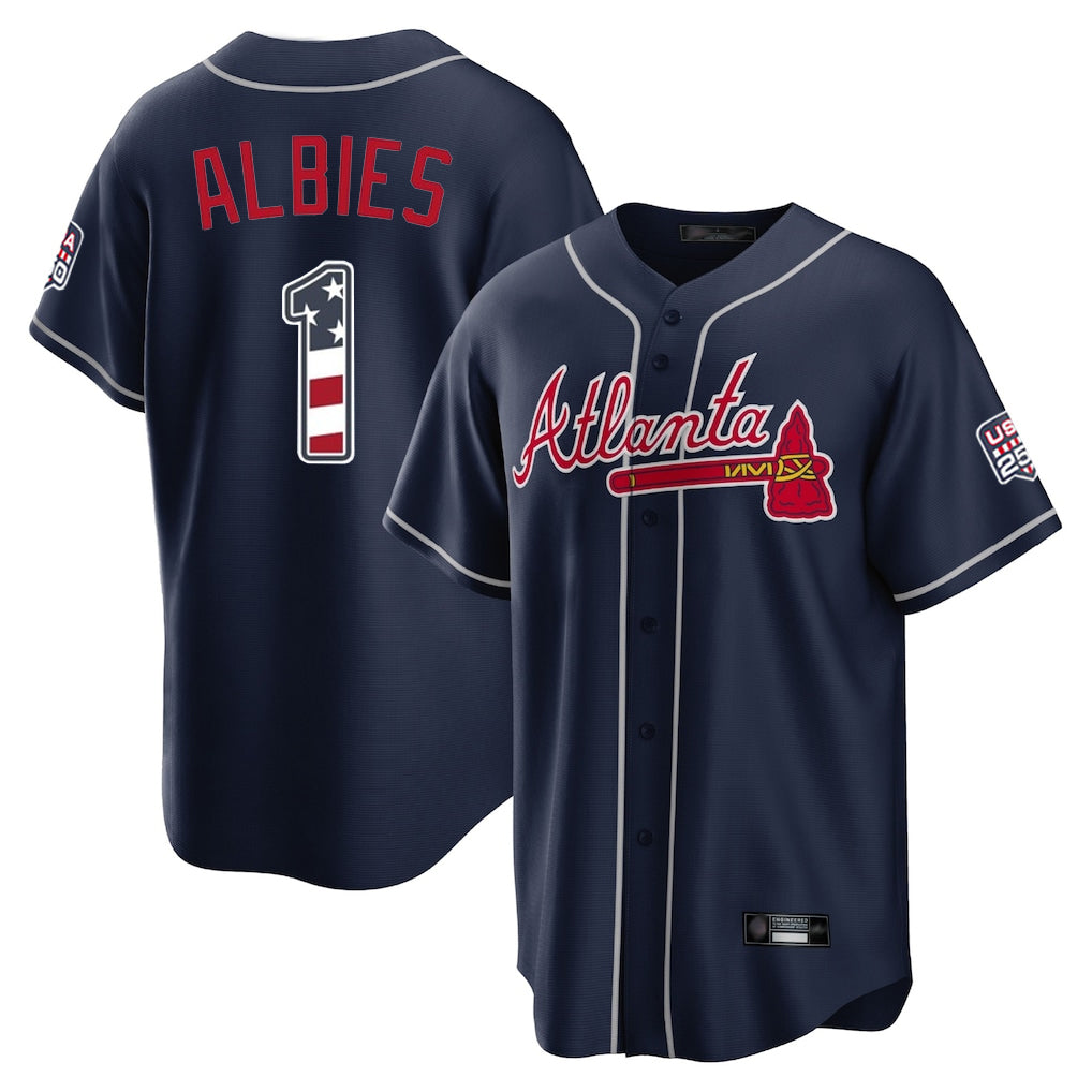 Atlanta Braves #1 Ozzie Albies Player Navy MIKSHPS USA 250 Fourth Of July Limited Home Game Stitched Jerseys