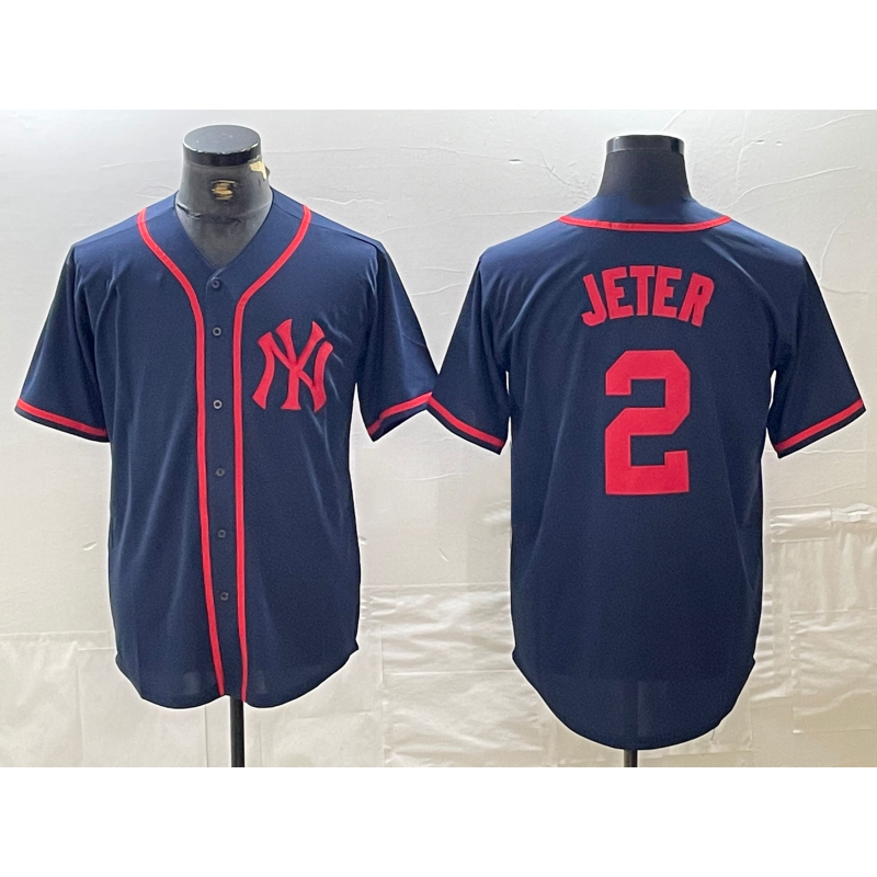 New York Yankees #2 Derek Jeter Navy Red MIKSHPS Fashion Cool Base Jersey