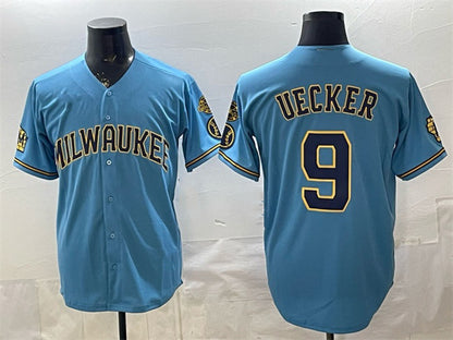 Milwaukee Brewers #9 Bob Uecker Blue MIKSHPS With Home & Bob Uecker Patch Stitched Jersey
