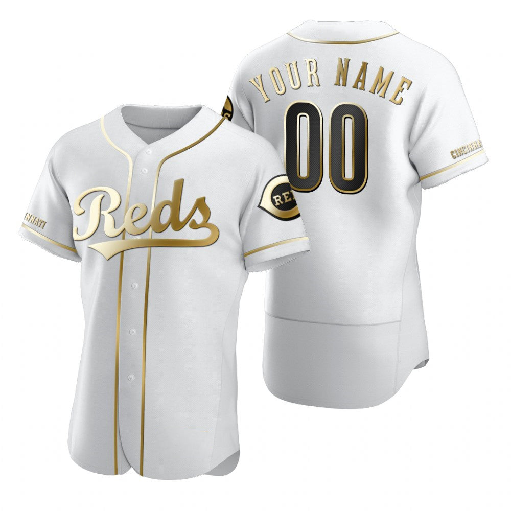 Custom Cincinnati Reds White MIKSHPS Stitched Flex Base Golden Edition Jersey