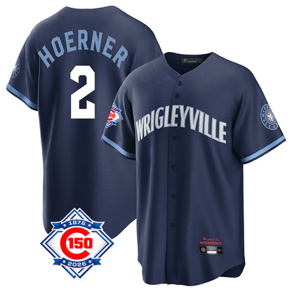 Chicago Cubs #2 Nico Hoerner Player Navy MIKSHPS 150th Anniversary City Connect Home Game Stitched Jerseys