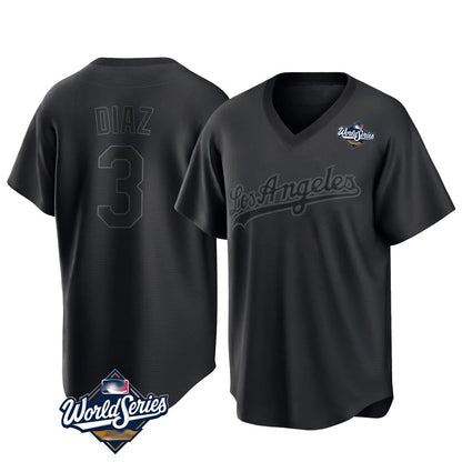 Los Angeles Dodgers #3 Edwin D¨ªaz Player Black MIKSHPS World Series Pitch Fashion T-shirt Stitched Jerseys