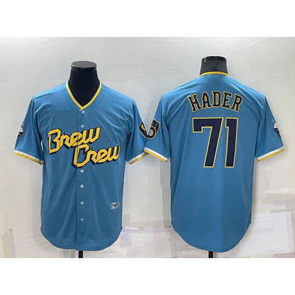 Milwaukee Brewers #71 Josh Hader Blue MIKSHPS 2022 City Connect Cool Base Stitched Jersey