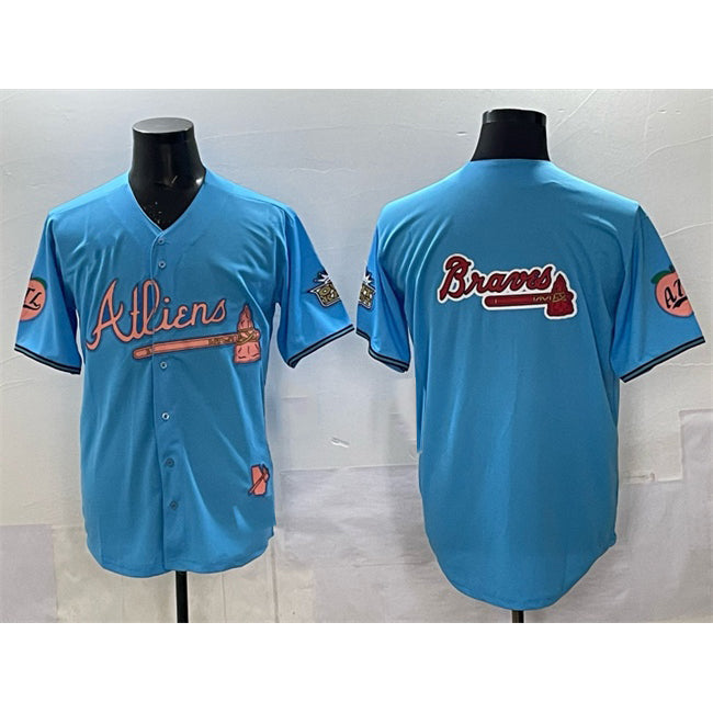 Atlanta Braves Team Big Logo Blue MIKSHPS 2024 Atliens & Peach With Outkast Patch Vapor Limited Stitched Jersey