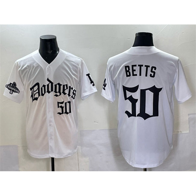 Los Angeles Dodgers #50 Mookie Betts White MIKSHPS 2025 LA Gothic Style With 2024 World Series Champions Patch Vapor Premier Limited Stitched Jersey