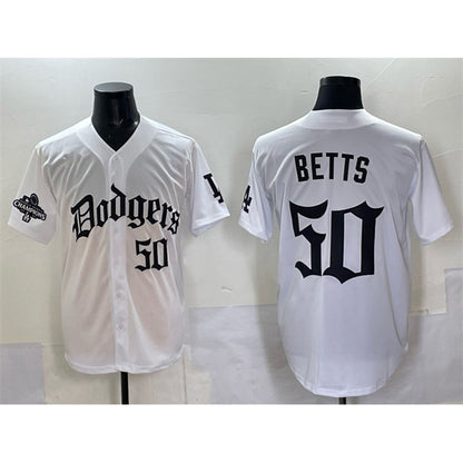 Los Angeles Dodgers #50 Mookie Betts White MIKSHPS 2025 LA Gothic Style With 2024 World Series Champions Patch Vapor Premier Limited Stitched Jersey