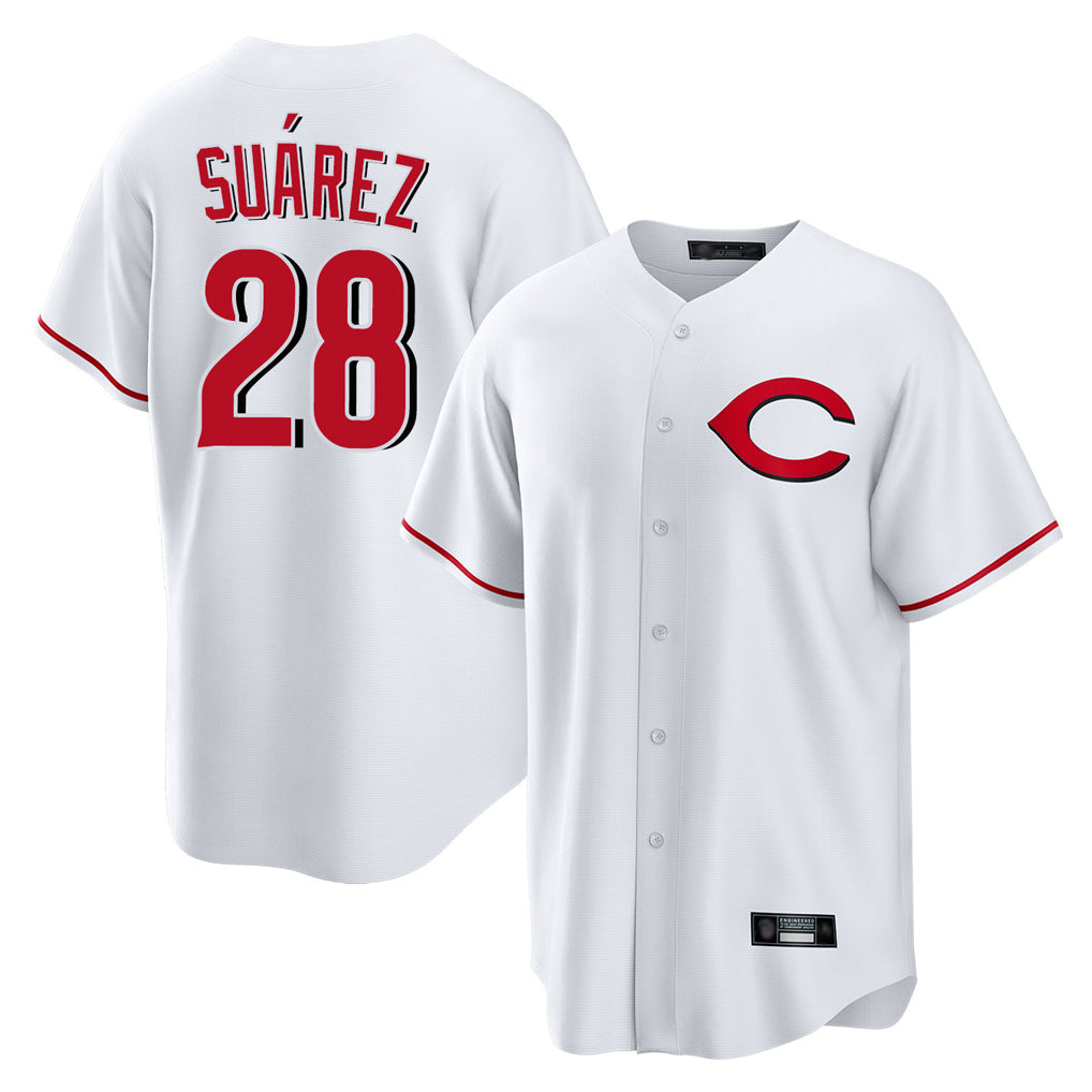 Cincinnati Reds #28 Eugenio Su¨¢rez Player White MIKSHPS Home Game Stitched Jerseys