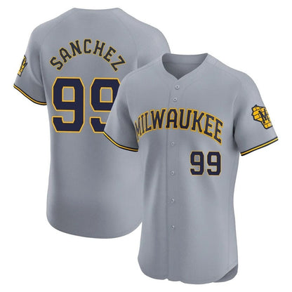 vMilwaukee Brewers #99 Gary Sanchez Player Gray MIKSHPS Home Limited Elite Stitched Jerseys