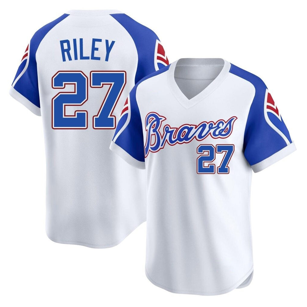 Atlanta Braves #27 Austin Riley Player White MIKSHPS Throwback Cooperstown Collection T-shirt Game Stitched Jerseys