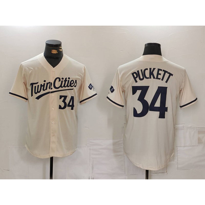 Minnesota Twins #34 Kirby Puckett Number Cream MIKSHPS Cool Base Stitched Jersey