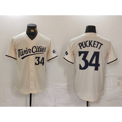 Minnesota Twins #34 Kirby Puckett Number Cream MIKSHPS Cool Base Stitched Jersey