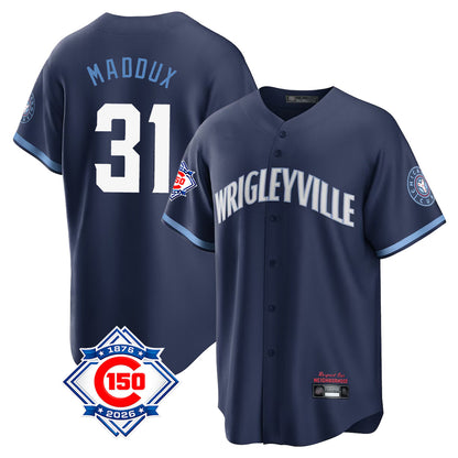 Chicago Cubs #31 Greg Maddux Player Navy MIKSHPS 150th Anniversary City Connect Home Game Stitched Jerseys