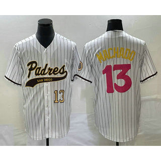 San Diego Padres #13 Manny Machado Number White MIKSHPS Pinstripe 2023 City Connect Cool Base Stitched Jersey