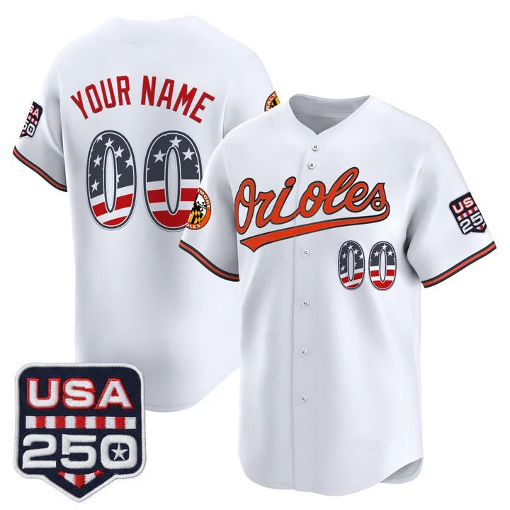 Custom Baltimore Orioles White MIKSHPS USA 250 Fourth of July Vapor Premier Limited Jersey - All Stitched