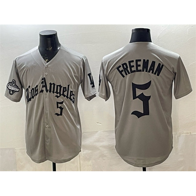 Los Angeles Dodgers #5 Freddie Freeman Grey MIKSHPS LA Gothic Style With 2025 World Series Champions Patch Limited Stitched Jersey