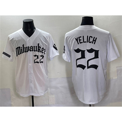 Milwaukee Brewers #22 Christian Yelich White MIKSHPS 'Gothic 414 Shadows Edition' Vapor Premier Limited Stitched Jersey