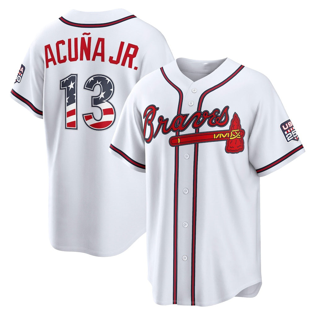 Atlanta Braves #13 Ronald Acu?a Jr. USA 250 Fourth of July Home Stadium Jersey - White MIKSHPS