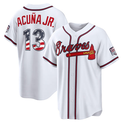 Atlanta Braves #13 Ronald Acu?a Jr. USA 250 Fourth of July Home Stadium Jersey - White MIKSHPS