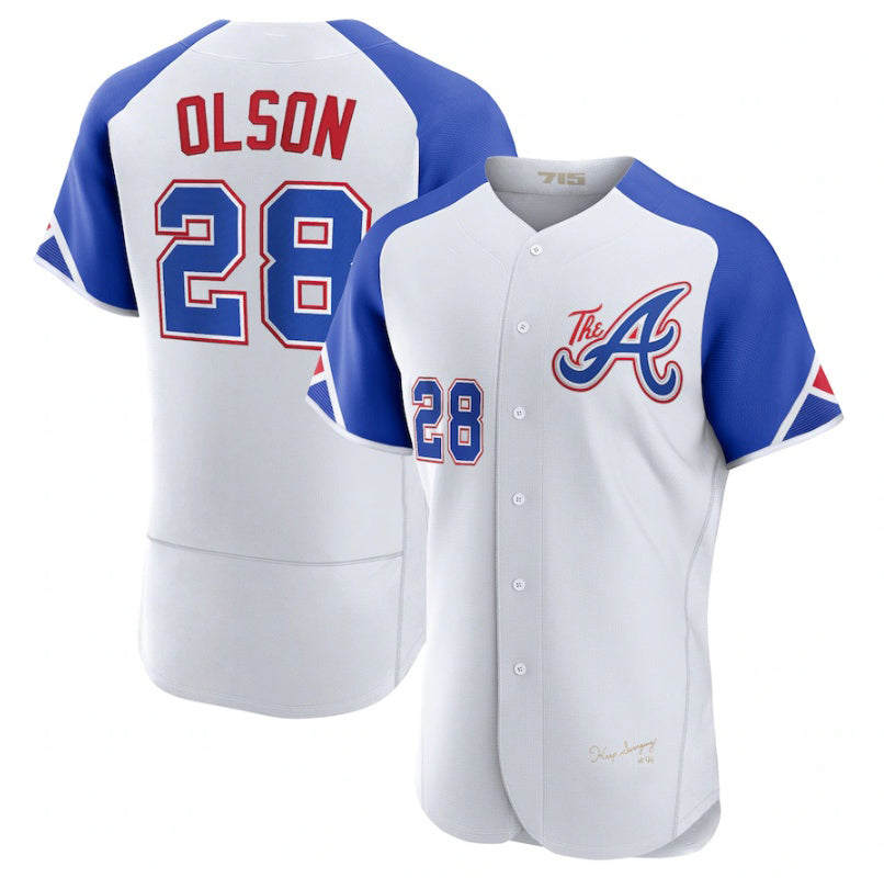 Atlanta Braves #28 Matt Olson White MIKSHPS 2023 City Connect Flex Base Stitched Jersey 2