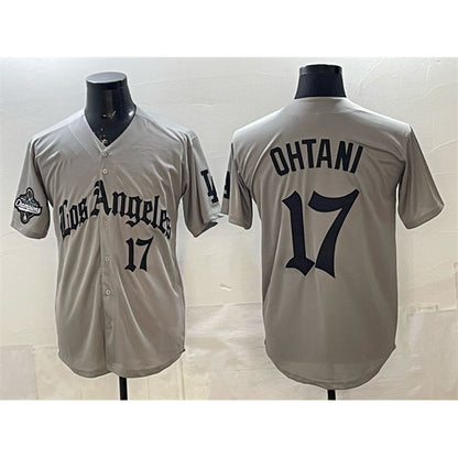 Los Angeles Dodgers #17 Shohei Ohtani Grey MIKSHPS LA Gothic Style With 2025 World Series Champions Patch Limited Stitched Jersey
