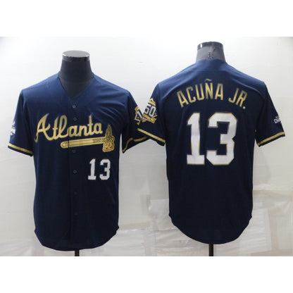 Atlanta Braves #13 Ronald Acuna Jr Navy Blue MIKSHPS 2021 World Series Champions Golden Edition Stitched Cool Base Jersey