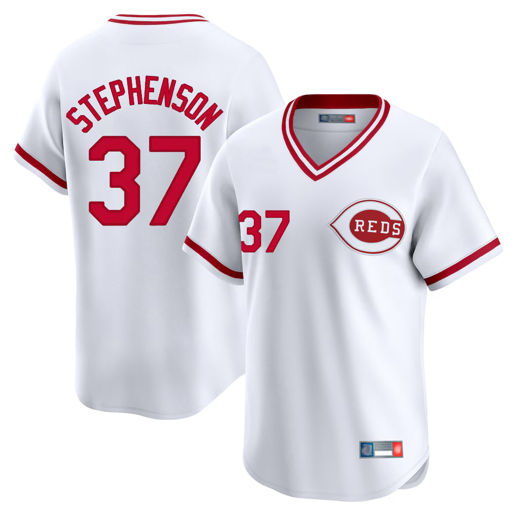 Cincinnati Reds #37 Tyler Stephenson Player White MIKSHPS Cooperstown Collection Limited T-shirt Home Stitched Jerseys