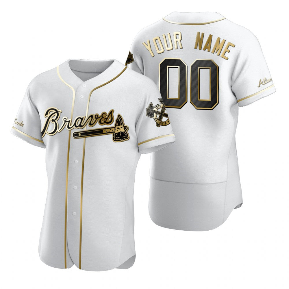 Custom Atlanta Braves White MIKSHPS Stitched Flex Base Golden Edition Jersey
