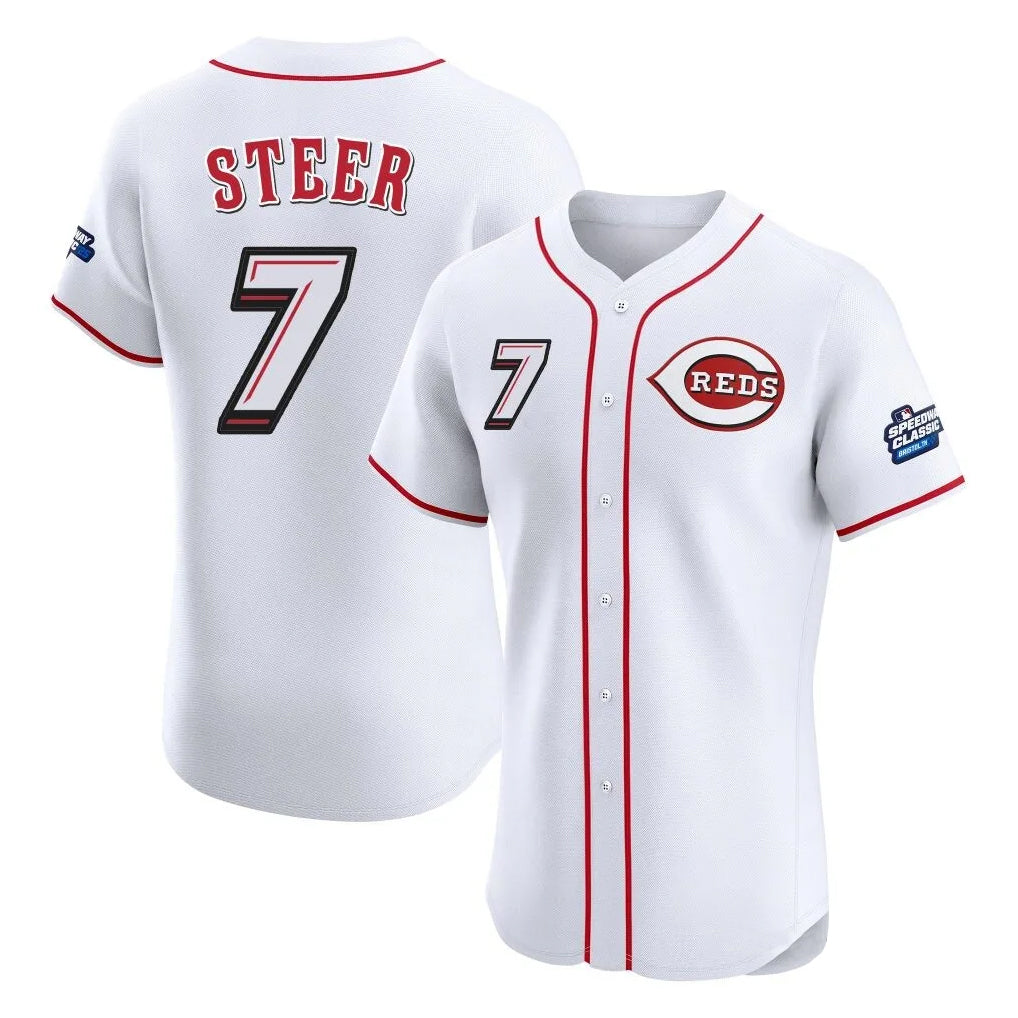 Cincinnati Reds #7 Spencer Steer Player White MIKSHPS Speedway Classic Limited Elite Home Stitched Jerseys