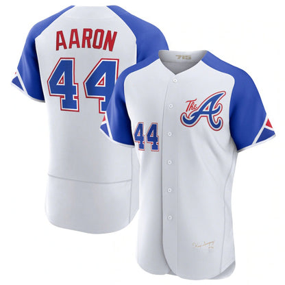 Atlanta Braves #44 Hank Aaron White MIKSHPS 2023 City Connect Flex Base Stitched Jersey 2