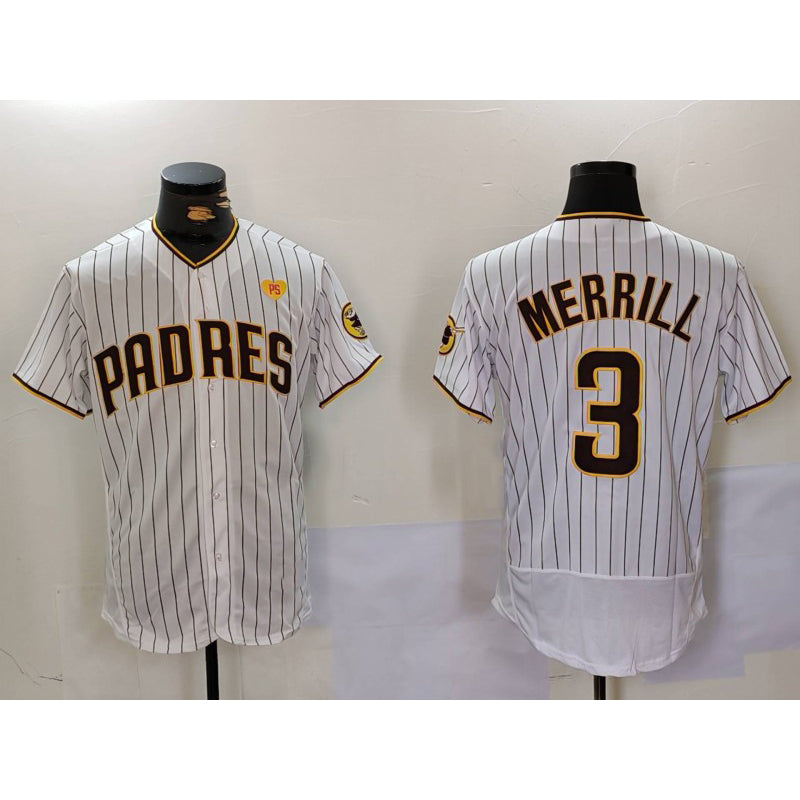 San Diego Padres #3 Jackson Merrill White MIKSHPS With PS Patch Stitched Flex Base Jersey 2