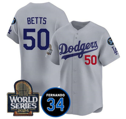 Los Angeles Dodgers #50 Mookie Betts Grey MIKSHPS 2024 World Series With Fernando Memorial Patch Limited Stitched Jersey