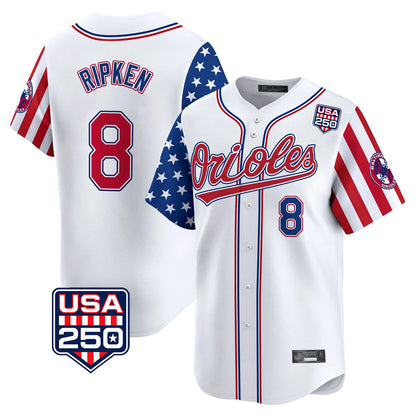Baltimore Orioles #8 Cal Ripken Player White MIKSHPS USA 250 Independence Day Vapor Premier Home Game Stitched Jerseys