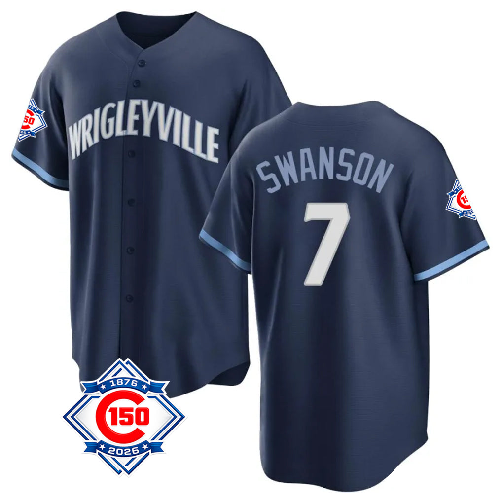 Chicago Cubs #7 Dansby Swanson Player Navy MIKSHPS 150th Anniversary City Connect Home Game Stitched Jerseys