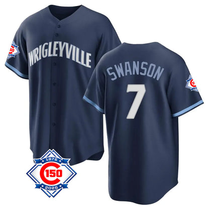 Chicago Cubs #7 Dansby Swanson Player Navy MIKSHPS 150th Anniversary City Connect Home Game Stitched Jerseys
