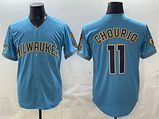 Milwaukee Brewers #11 Jackson Chourio Blue MIKSHPS With Home & Bob Uecker Patch Stitched Jersey