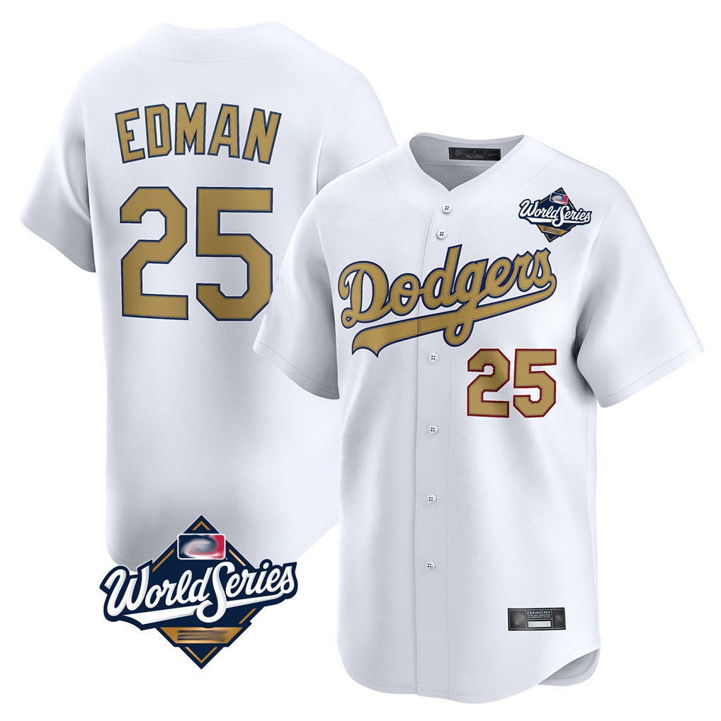 Los Angeles Dodgers #25 Tommy Edman Player White Gold MIKSHPS World Series Collection Limited Home Stitched Jerseys