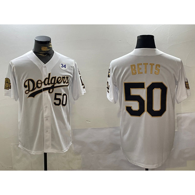 Los Angeles Dodgers #50 Mookie Betts White Gold MIKSHPS 2024 World Series With Fernando Memorial Patch Limited Stitched Jersey2