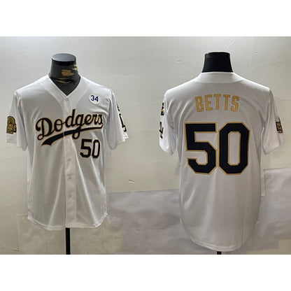 Los Angeles Dodgers #50 Mookie Betts White Gold MIKSHPS 2024 World Series With Fernando Memorial Patch Limited Stitched Jersey2