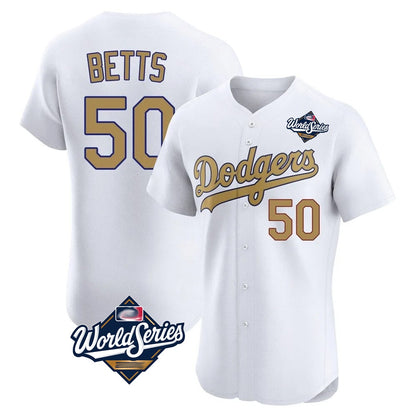 Los Angeles Dodgers #50 Mookie Betts Player White Gold MIKSHPS World Series Limited Elite Home Stitched Jerseys